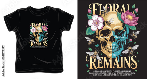 Creative floral remains skull design with honey bees and blooming flowers for apparel merchandise
