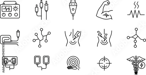 A diverse set of modern line art vector icons illustrating medical technology pain electrical connections and digital health concepts for various applications
