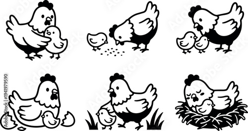 Black and white vector art showing mother hen caring feeding and protecting her chicks in various poses and nest scenes