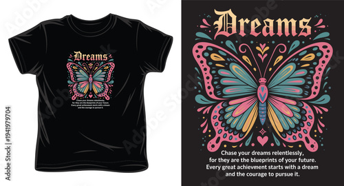 Dreams t-shirt design with butterfly vector illustration