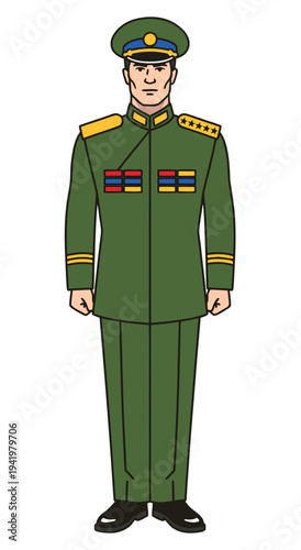 5 Star General Military Character Full Body Flat Vector