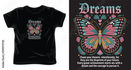 Colorful butterfly dreams graphic t-shirt design with text