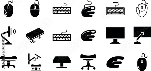 A comprehensive collection of modern ergonomic office equipment and computer peripherals icons for digital design needs