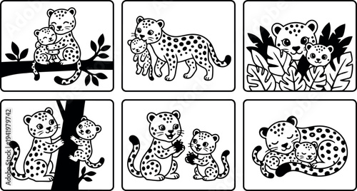 Black and white vector art happy jaguar mother and cubs hugging resting climbing tree playing with fruits cute cartoon style