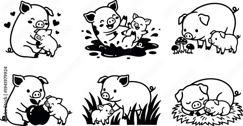 Obraz premium Cute pig mother and piglet playing in mud eating apple smelling mushroom lying together in nest set of six charming illustrations