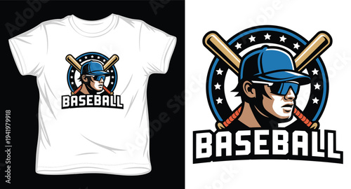 Baseball player mascot logo with crossed bats and stars for sports team
