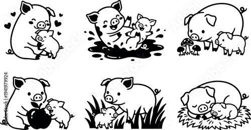 Cute pig mother and piglet playing in mud eating apple smelling mushroom lying together in nest set of six charming illustrations