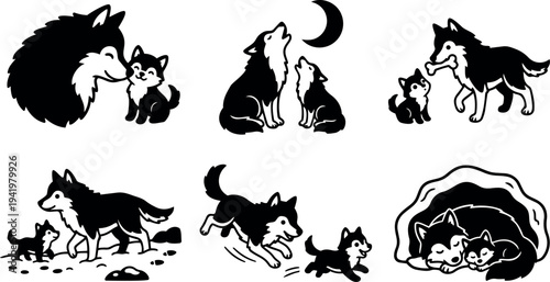 Black and white vector art of playful adult husky dog and happy puppy interacting running resting and howling together under moonlight in various poses