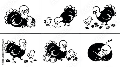 Black flat design turkey and chick animals eating walking resting with pumpkins leaves and mushrooms vector icons in simple cartoon style