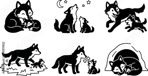 Black and white vector art of happy wolf parent playing and nurturing wolf pup in nature with night howling and resting den scenes