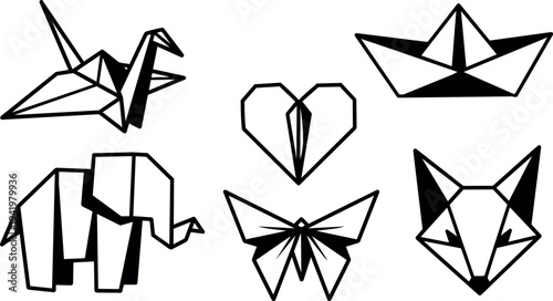 Minimalist black and white flat design origami shapes with elephant fox butterfly heart and paper boat representing folding art style vector icons