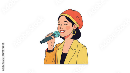Woman singing into microphone with joyful expression and vibrant outfit