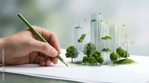 Architect drawing sustainable city with green trees and renewable energy.