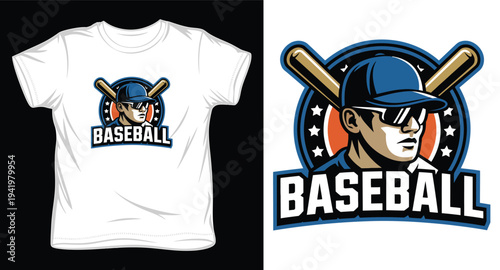 Professional baseball player emblem with equipment and star background design