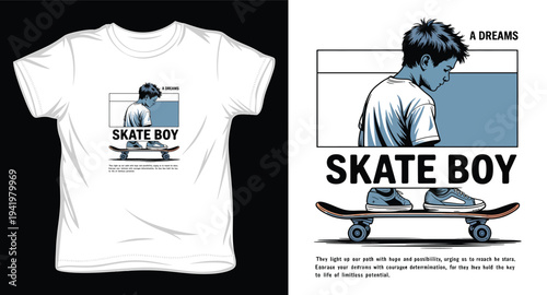 Skate boy t-shirt design with skater character and motivational typography