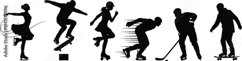 Skating and boarding silhouettes, figure skater spin, skateboard trick, roller skater motion, speed skater, ice hockey player, adaptive skateboard rider