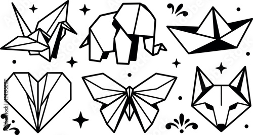 Black and white origami style vector art set with crane elephant paper boat heart butterfly and fox illustrations in minimal geometric shapes