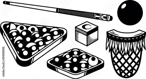 Black and white vector art of billiard balls pool cue chalk triangular rack and pocket line art design