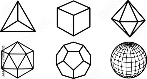 Minimalist black line art six basic geometric shapes including tetrahedron cube octahedron icosahedron dodecahedron and sphere icons on white