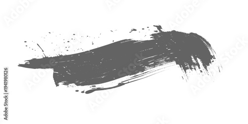 Black grunge brush stroke with paint splatter on light gray background, rough textured ink swipe, minimalist abstract design vector illustration.