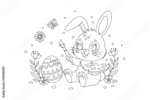 A cute bunny holding an Easter egg surrounded by flowers and bubbles
