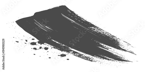 Black grunge brush stroke with paint splatter on light gray background, rough textured ink swipe, minimalist abstract design vector illustration.