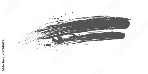 Black grunge brush stroke with paint splatter on light gray background, rough textured ink swipe, minimalist abstract design vector illustration.