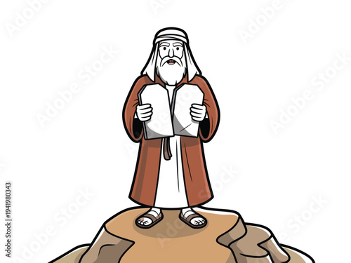 Moses stands atop a rocky outcrop holding two stone tablets inscribed with divine commandments.