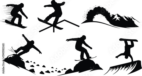 Snowboarding silhouettes sequence, downhill speed, rail trick, mountain backdrop, rocky slope descent, snowboard jump, handstand stunt, extreme winter sports motion illustration