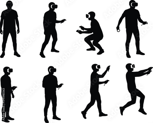 Virtual reality silhouettes, VR headset, controller use, immersive gaming, digital interaction, technology concept, futuristic entertainment, posture study, gesture, behavior
