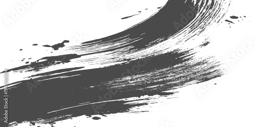 Black grunge brush stroke with paint splatter on light gray background, rough textured ink swipe, minimalist abstract design vector illustration.