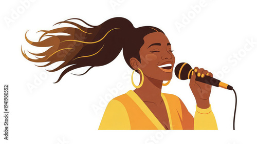 Woman singing into microphone with flowing hair in yellow outfit
