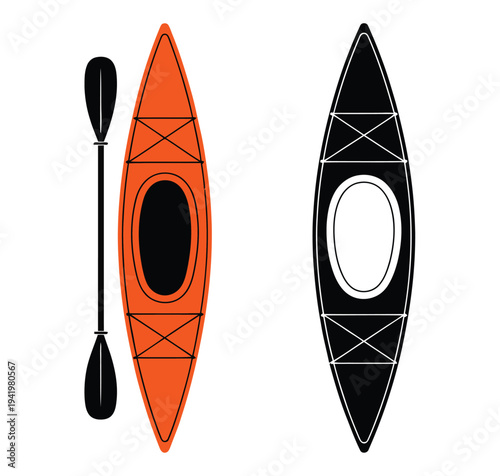 A graphic depiction of a kayak and paddle shown in two  variations, minimalist outdoor recreation icon in flat vector style