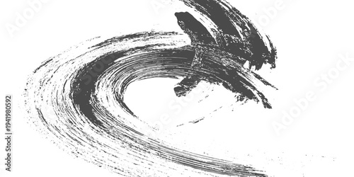 Black grunge brush stroke with paint splatter on light gray background, rough textured ink swipe, minimalist abstract design vector illustration.