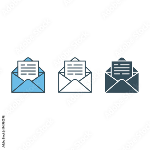 Three email icons in varying styles and shades of blue and gray