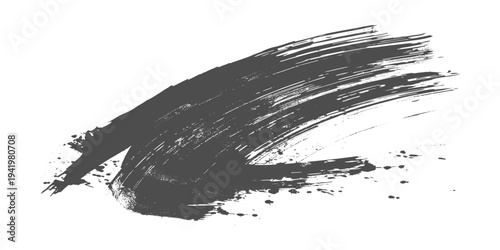 Black grunge brush stroke with paint splatter on light gray background, rough textured ink swipe, minimalist abstract design vector illustration.
