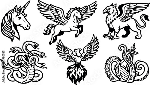 Black and white line art mythical creatures including unicorn head flying pegasus griffin hydra phoenix and kraken attacking ship vector set