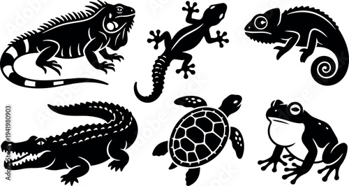 Black and white silhouette style freshwater and marine reptiles collection including iguana gecko chameleon crocodile turtle and frog vector art
