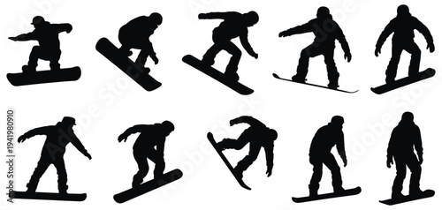 Black Silhouettes of Snowboarders in Various Poses Vector Illustration, Winter Sports Athlete Action Collection Isolated on White Background, Snowboarding Tricks, Extreme Sport, and Adventure Design