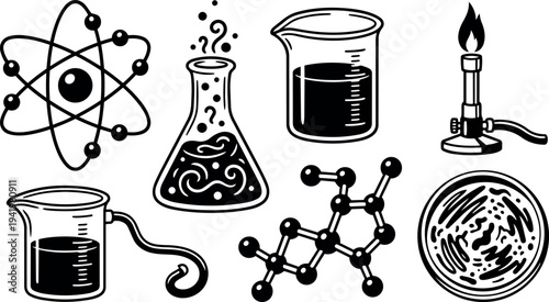 Black and white vector art of scientific glassware and molecular structures with atom symbol and laboratory burner flame icons