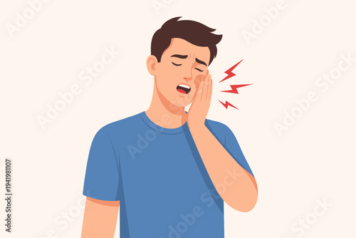Man Suffering from Severe Toothache and Dental Pain, Holding Swollen Cheek with Expression of Agony and Discomfort, Flat Vector Illustration for Healthcare and Medical Concepts on Light Background