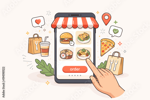 Flat vector illustration of a smartphone displaying an online food delivery app with a hand touching the screen, featuring menu items like burger, pizza, sushi, and takeout bags for mobile commerce.