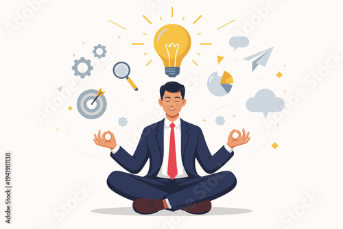 Businessman in a suit meditating in lotus pose with a glowing light bulb idea icon, surrounded by business symbols, representing mindfulness, focus, productivity, and creative brainstorming.