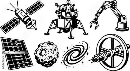 Black and white vector art of space satellite lunar module asteroid galaxy robotic arm solar panels and mechanical gears technical sketches