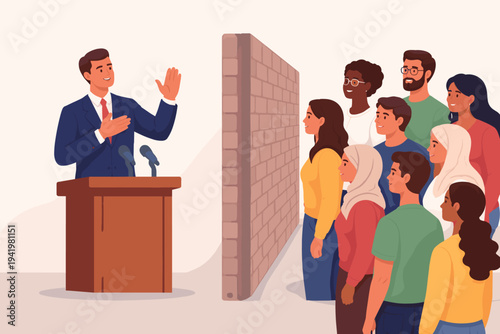 Vector of a politician in a suit making a speech at a podium, separated by a brick wall from a diverse group of people, representing social inequality, communication barriers, and isolation.