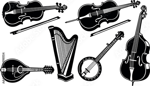 Black and white flat design collection of string musical instruments including violin cello harp mandolin banjo and bows isolated on white background