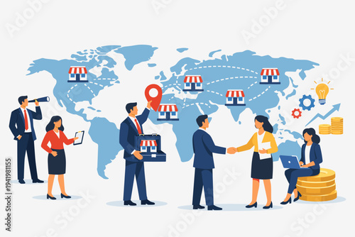 Global Franchise Expansion Concept with Business People Building International Network on World Map. Illustration of Corporate Growth, Partnership, and Market Strategy for Global Success.