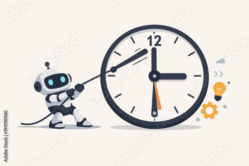 Robot Pulling Clock Hand to Save Time and Manage Deadlines, Artificial Intelligence Automation for Efficiency and Productivity in Business Projects, Simple Flat Vector Illustration Concept