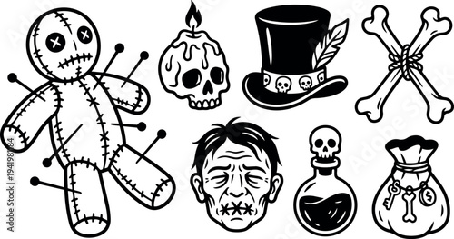Black and white vector art of voodoo doll with pins skull candle tophat with skulls crossed bones old man face and potion bottle with magic bag icons