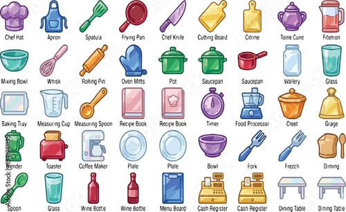 Professional Culinary and Kitchen Vector Icon Set Minimalist Chef Tools and Cookware, chef, hat, apron, spatula, frying pan, knife, cutting board, whisk, rolling pin, oven mitts, pot, saucepan, baking